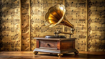Antique Gramophone on Wooden Table with Vintage Sheet Music Background - Nostalgic Music Concept