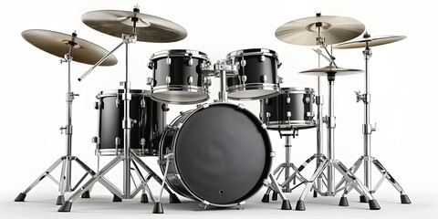 Obraz premium Black Drum Set with Silver Hardware on a White Background, drum set, music, percussion , instrument