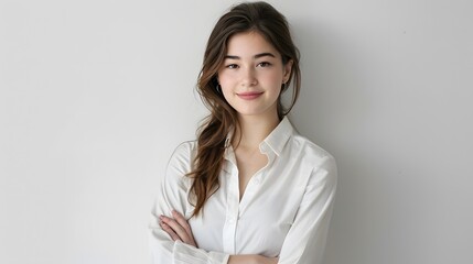 Perfect business lady. Beautiful young businesswoman looking at camera with smile while standing against white background. 