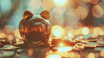Piggy bank with coins close up, focus on, copy space Overflowing savings, Double exposure silhouette with thrift