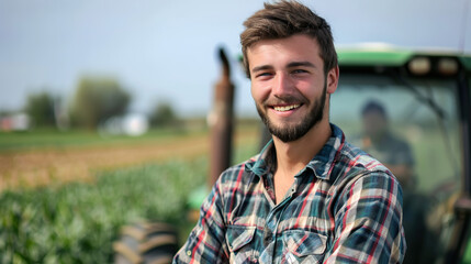 A handsome young farmer in front of his tractor on the farm