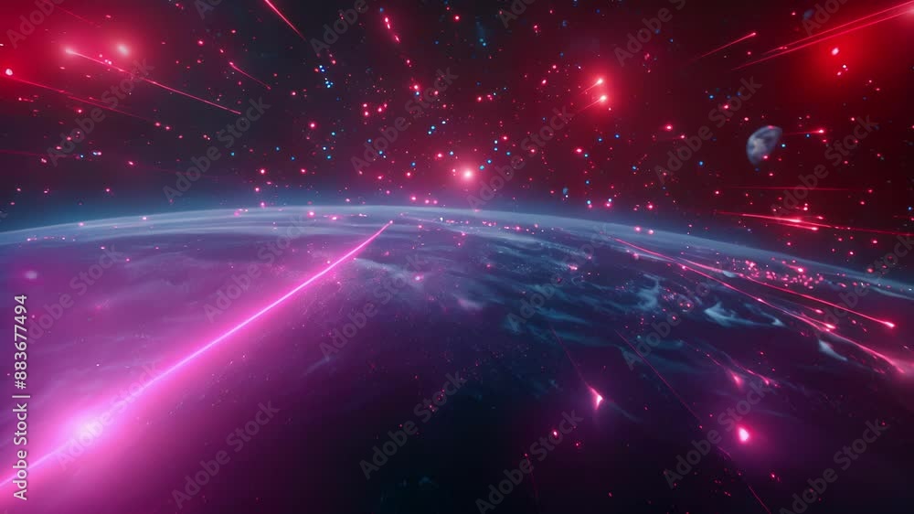 Aufkleber a series of satellites orbit the earth their data transmissions depicted by glowing red lines that s