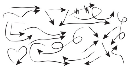 Set of simple lines hand drawn black arrows in different style. Set of hand drawn doodle black arrows. Various simple lines of doodle arrows collection. various carve doodle black arrows lines