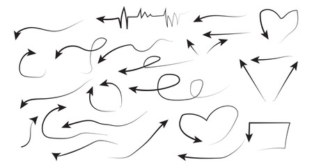 Set of simple lines hand drawn black arrows in different style. Set of hand drawn doodle black arrows. Various simple lines of doodle arrows collection. various carve doodle black arrows lines