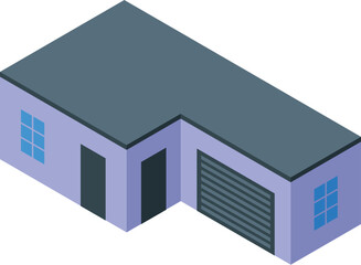 Fototapeta premium Modern garage building with closed roller door, windows, and flat roof in isometric view