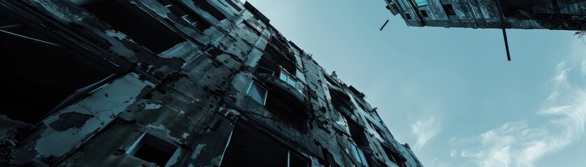 Fototapeta premium Ruined building in city close up, focus on, copy space Urban decay, Double exposure silhouette with abandonment
