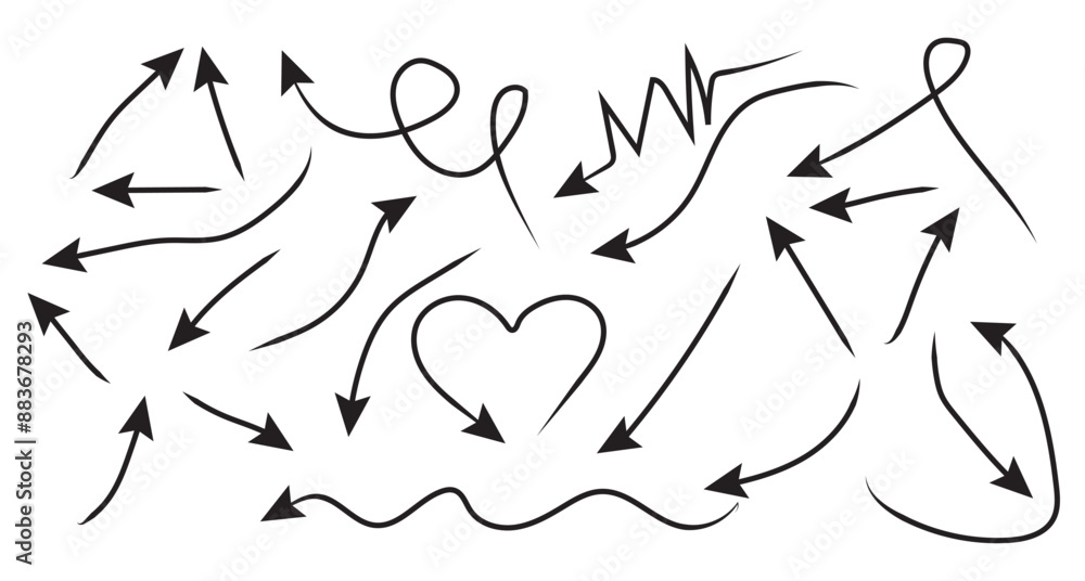 Poster set of simple lines hand drawn black arrows in different style. set of hand drawn doodle black arrow