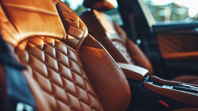Luxury car interior close up, focus on, copy space Leather seats, Double exposure silhouette with comfort