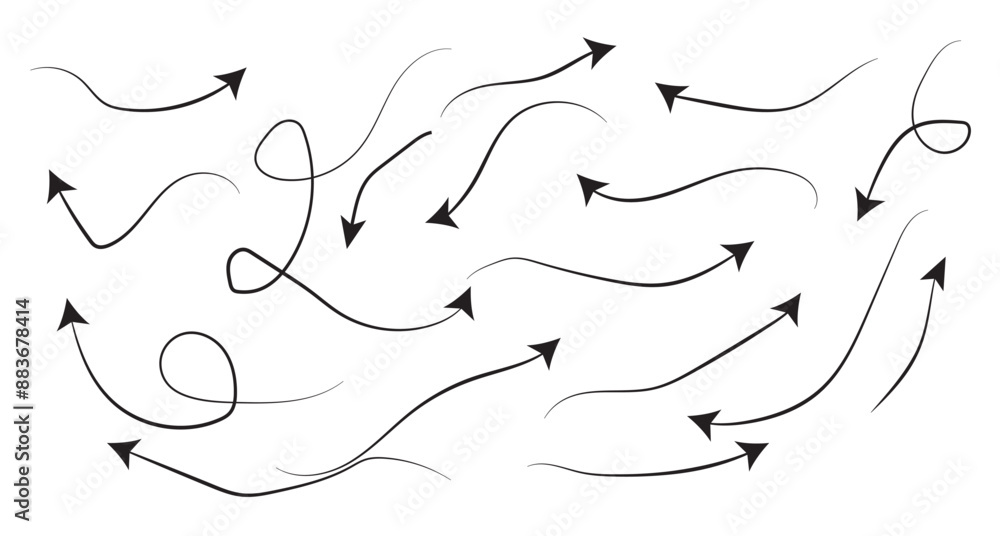 Poster curved arrows. set of vector hand drawn doodle arrows. set of hand drawn doodle black curve arrows. 