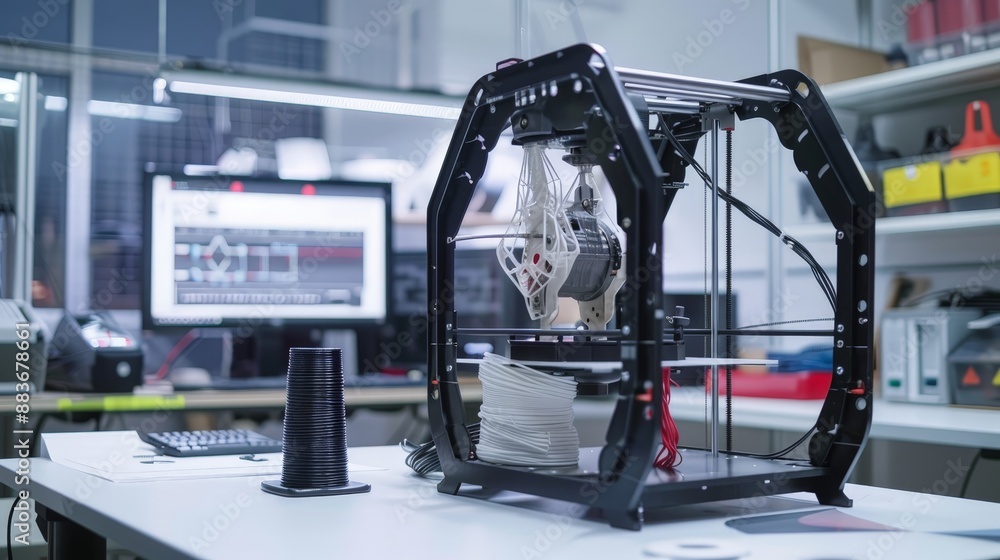 Poster a high-resolution 3d printer in action, creating a complex prototype, with spools of filament and a 