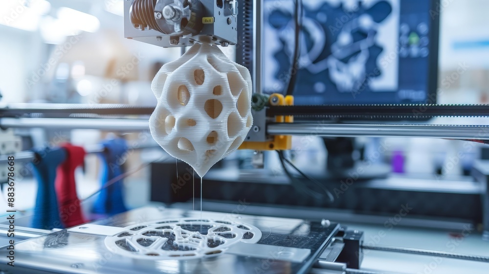 Poster a high-resolution 3d printer in action, creating a complex prototype, with spools of filament and a 