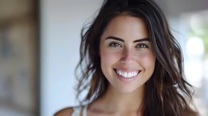 Big bright white smile headshot with a beautiful brunette woman sincere happy cheerful positive expression. 