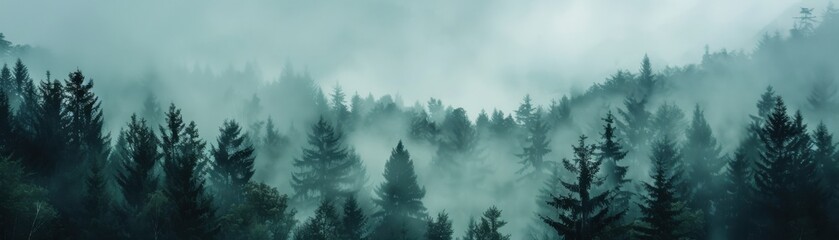 Fototapeta premium Dense forest in mist close up, focus on, copy space Ethereal ambiance, Double exposure silhouette with trees