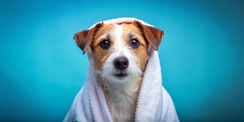 Dog Wrapped in Towel Against Blue Background, dog, pet, towel, bath time ,