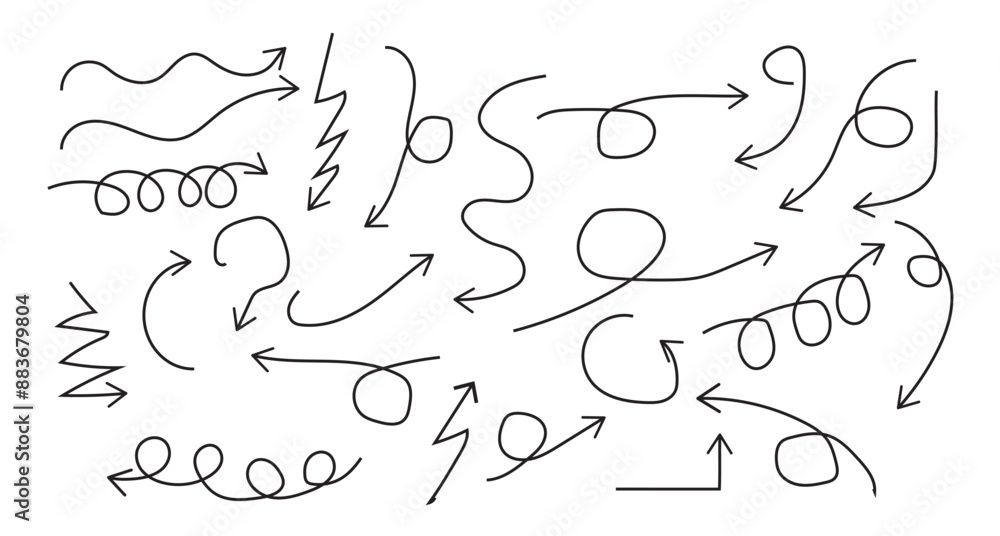 Poster hand drawn thin line arrows set. arrow icon. doodle arrow. collection different arrows sign. many ve