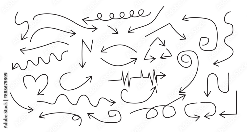 Poster hand drawn thin line arrows set. arrow icon. doodle arrow. collection different arrows sign. many ve