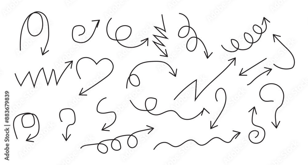 Poster hand drawn thin line arrows set. arrow icon. doodle arrow. collection different arrows sign. many ve