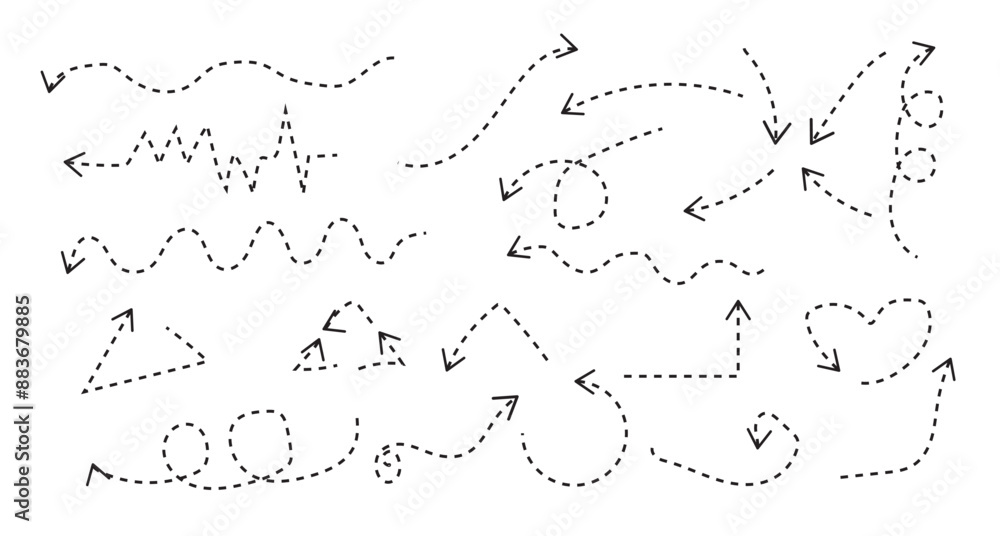 Poster set of squiggle line dashed arrows. dotted hand drawn curved arrow. doodle arrows of various shapes 