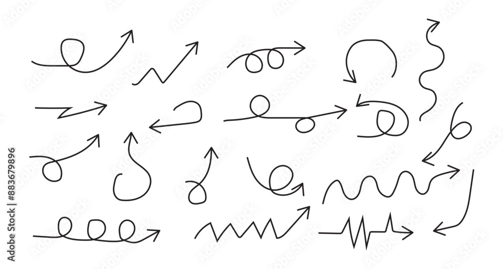 Poster curved arrows. set of vector hand drawn doodle arrows. set of hand drawn doodle black curve arrows. 
