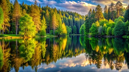 Fototapeta premium Forest Reflection in Tranquil Lake, Peaceful Nature Scene, Scenic Landscape, Water Reflection, Nature Photography, forest, lake