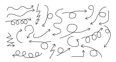 Hand drawn thin line arrows set. Arrow icon. Doodle arrow. Collection different arrows sign. Many vector curvy and wavy arrows isolated on white background.
