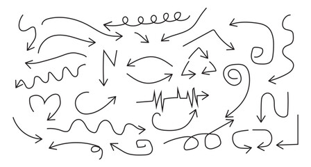 Hand drawn thin line arrows set. Arrow icon. Doodle arrow. Collection different arrows sign. Many vector curvy and wavy arrows isolated on white background.
