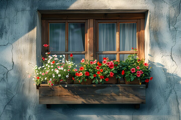 Naklejka premium A window with a flower box, filled with blooming plants