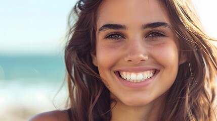 Fototapeta premium Big bright white smile headshot with a beautiful brunette woman sincere happy cheerful positive expression. 