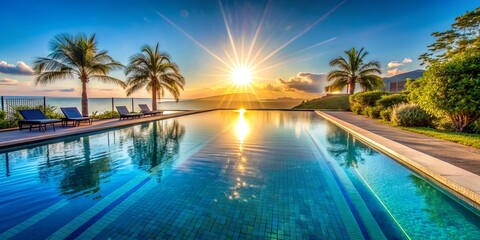 Obraz premium Infinity Pool Sunset Paradise, Palm Trees, Tropical, Luxury, Relaxation