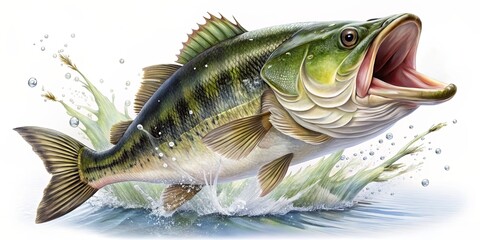 Largemouth Bass Leaping from Water, Digital Illustration, Green and Yellow Fish, Water Splashes,  Bass, Fishing, Fish