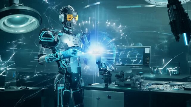 A female DJ utilizes futuristic technology to mix music and connect with a global audience online