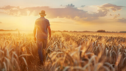 Fototapeta premium Farmer Walking Through Field and Checking Wheat Crop