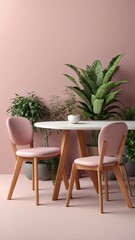 modern dining table and chair with the pink background plants