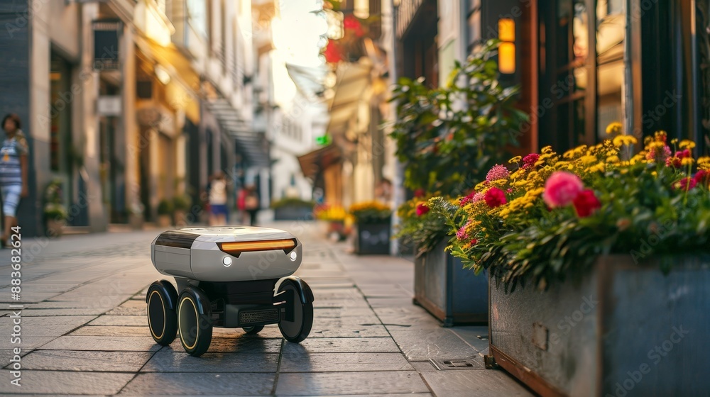 Poster a high-tech food delivery robot rolling down the sidewalk with a fresh order.