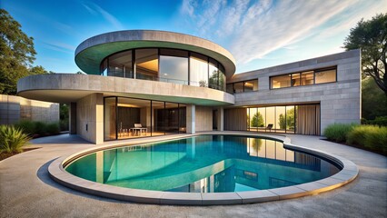 Fototapeta premium Modern Architecture with a Swimming Pool Reflecting the Sky, Contemporary , Poolside , Architecture , House