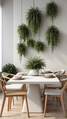 modern dining table and chair with the white background plants