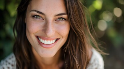 Obraz premium Big bright white smile headshot with a beautiful brunette woman sincere happy cheerful positive expression. 