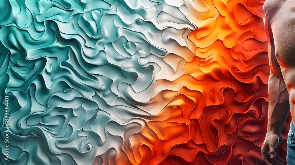 Poster fluid visualization of body temperature fluctuations against textured mdf background