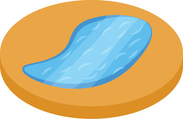 Cartoon style icon of a small blue lake reflecting sunlight surrounded by sand