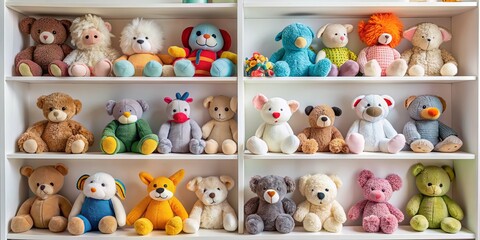 Plush Toy Collection on White Shelves, teddy bear , stuffed animals , nursery decor , soft toys