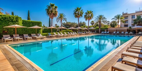 Fototapeta premium Poolside Relaxation with Palm Trees and Sun, pool, resort, vacation, summer