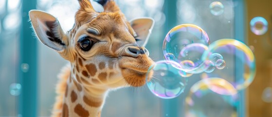 Adorable Baby Giraffe Playing with Colorful Bubbles in a Bright and Cheerful Environment