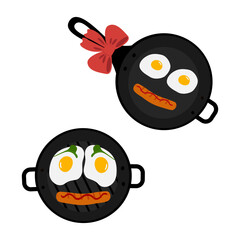 Grill and frying pan with bow Fried eggs sausage, strip of ketchup in smiling face form. Top view