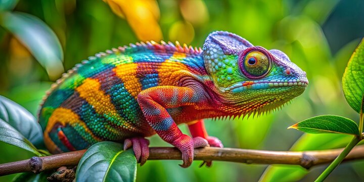 Rainbow Chameleon on Branch, Close-Up, Vibrant Colors, Reptile, Lizard,  chameleon, lizard