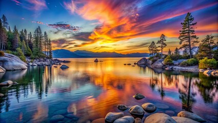 Serene Sunset Reflection on Still Lake, Digital Art, Mountain Landscape, Trees, Water, Lake Tahoe, sunset