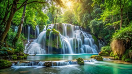Naklejka premium Serene Waterfall in Lush Greenery, Long Exposure Photography, Tranquil Nature, Water Feature, Landscape , waterfall, nature