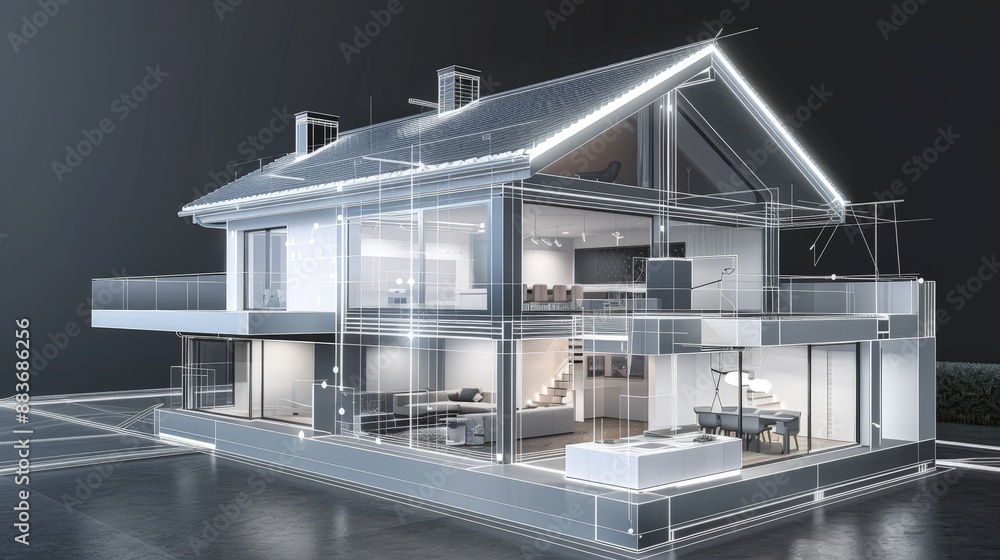 Poster a high-tech smart home ecosystem, seamlessly integrating devices and systems for enhanced security, 
