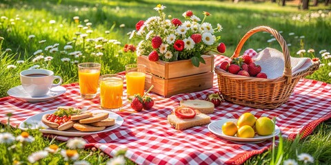 Summer Picnic with Daisies and Strawberries, red and white checkered picnic blanket, fresh food and drinks,  picnic basket, outdoor, food , summer