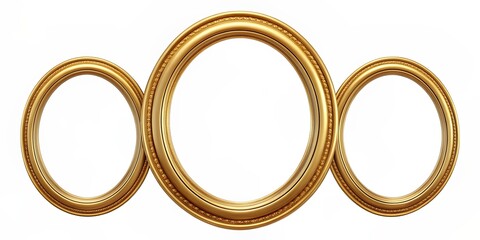 Three Golden Oval Frames, White Background, Ornate, 3D Render, gold frame, oval frame, golden frame