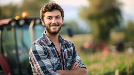 A handsome young farmer in front of his tractor on the farm